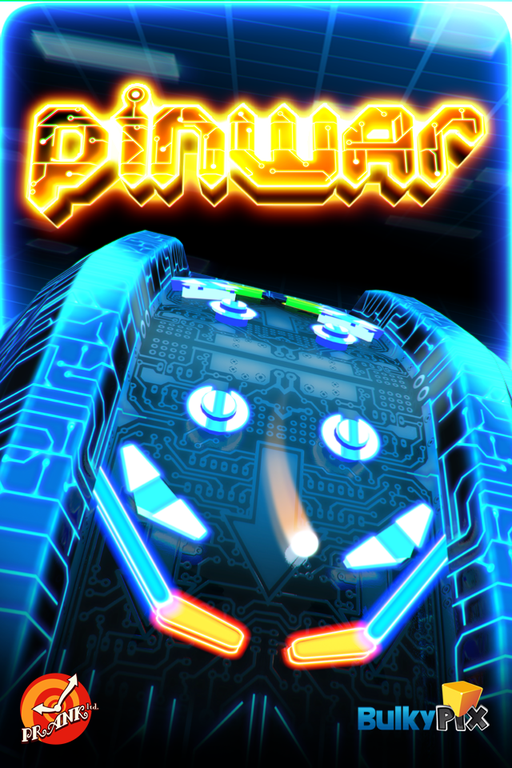 PinWar: a futuristic pinball table glowing with blue and pink neon.